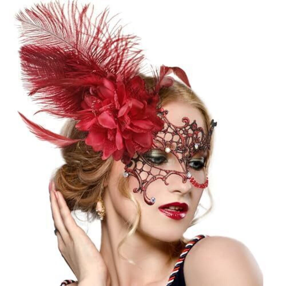 5678 Red Masquerade Masks - Feather Lace Mask with Lace Shiny Rhinestone